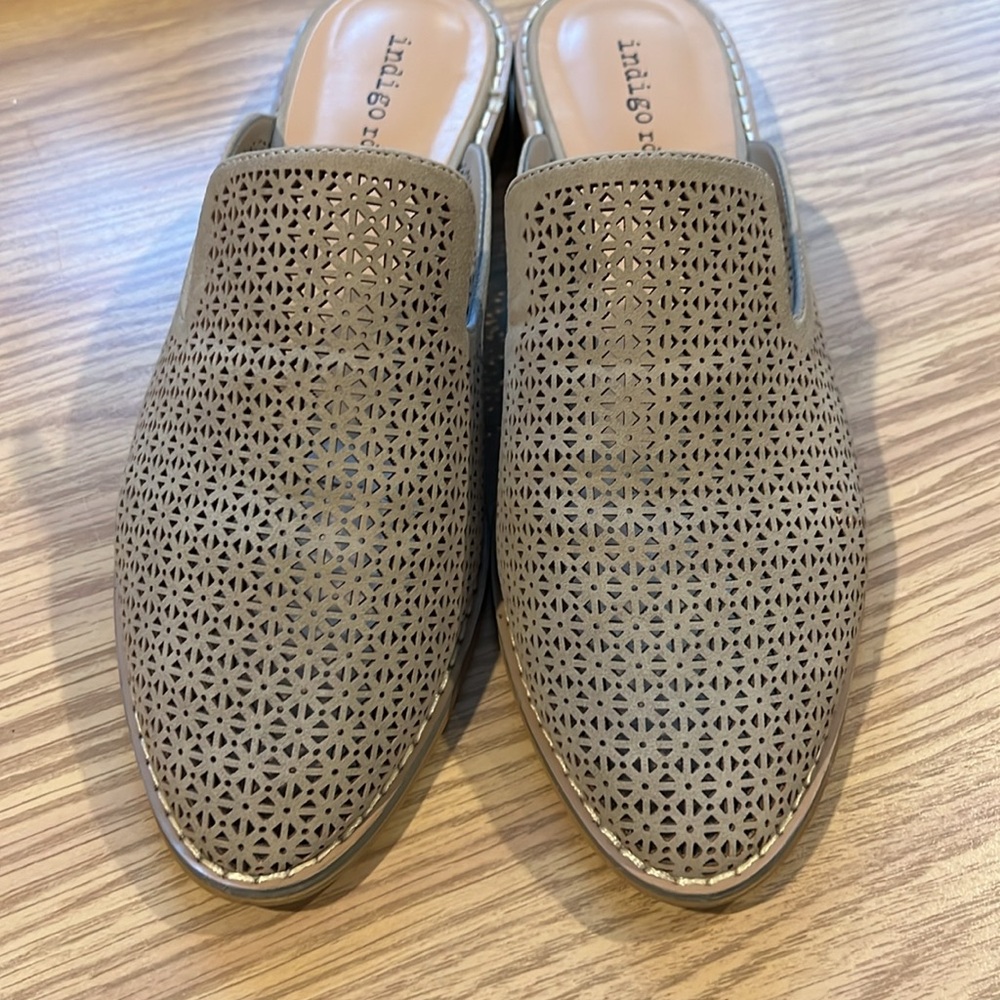 Indigo rd. Perforated Taupe Mules EUC, Worn once, size 8.5